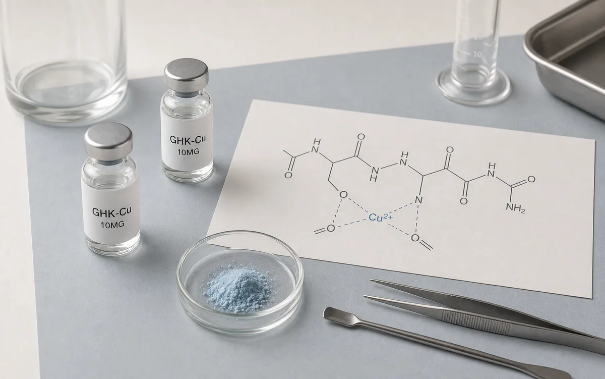 GHK-Cu research peptide vials with copper-blue powder and a Cu2+ tripeptide coordination diagram