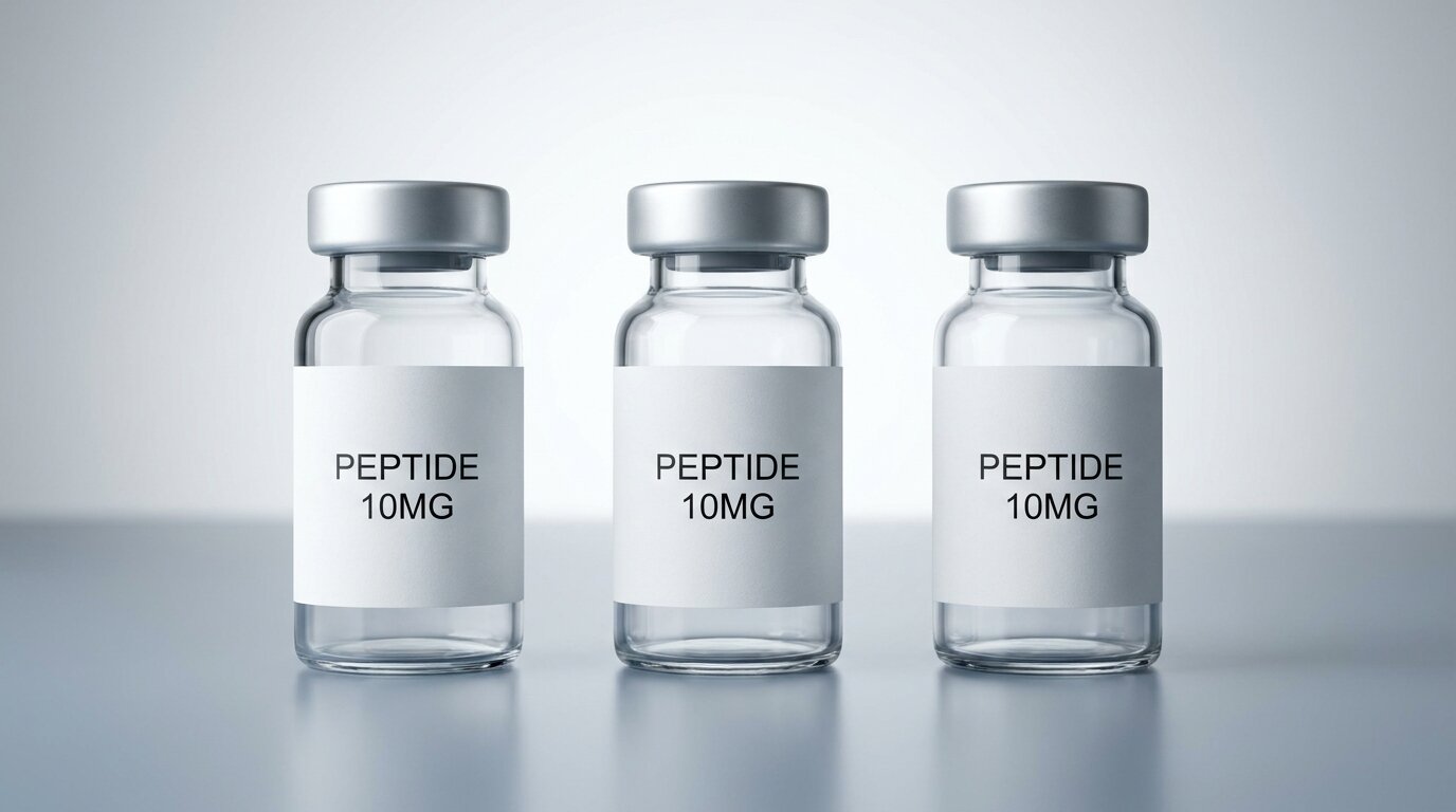 Semaglutide, Tirzepatide, and Retatrutide research peptide vials on black: single, dual, and triple agonist comparison