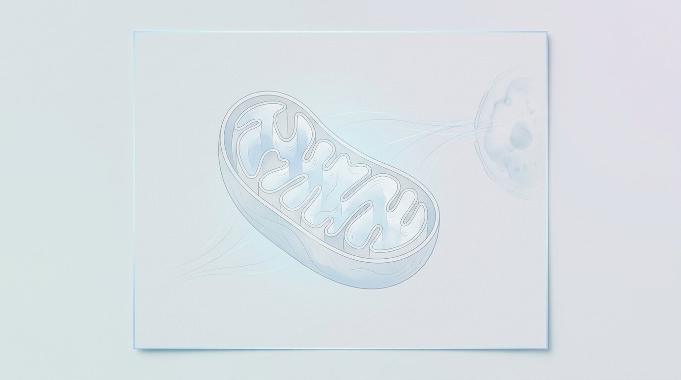 Stylized macro of a glowing mitochondrion in cross-section with signaling lines to a cell nucleus