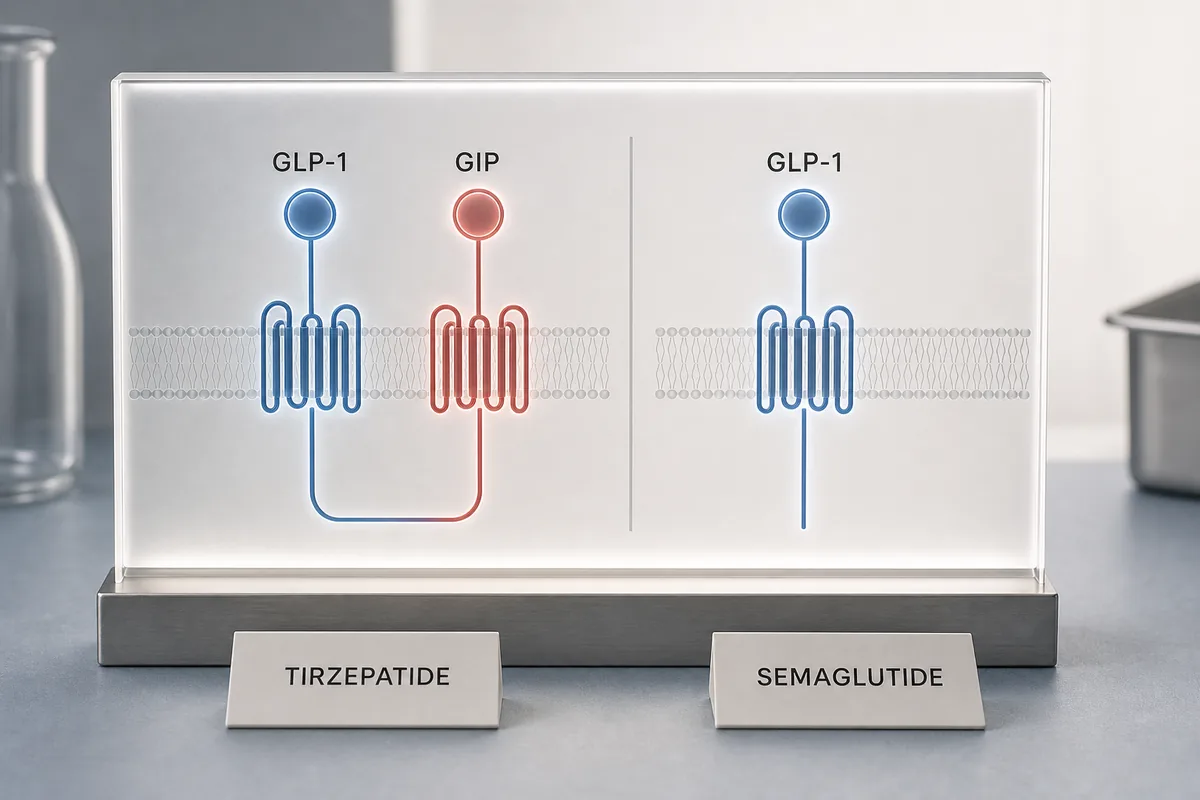 Acrylic receptor display comparing tirzepatide dual GLP-1 and GIP engagement with semaglutide GLP-1-only signaling