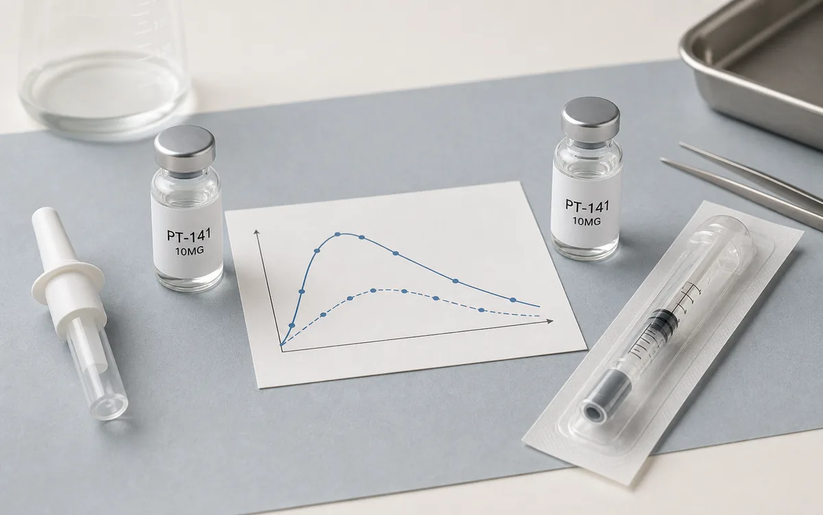 PT-141 research peptide vials with intranasal and subcutaneous route objects beside a pharmacokinetic curve comparison
