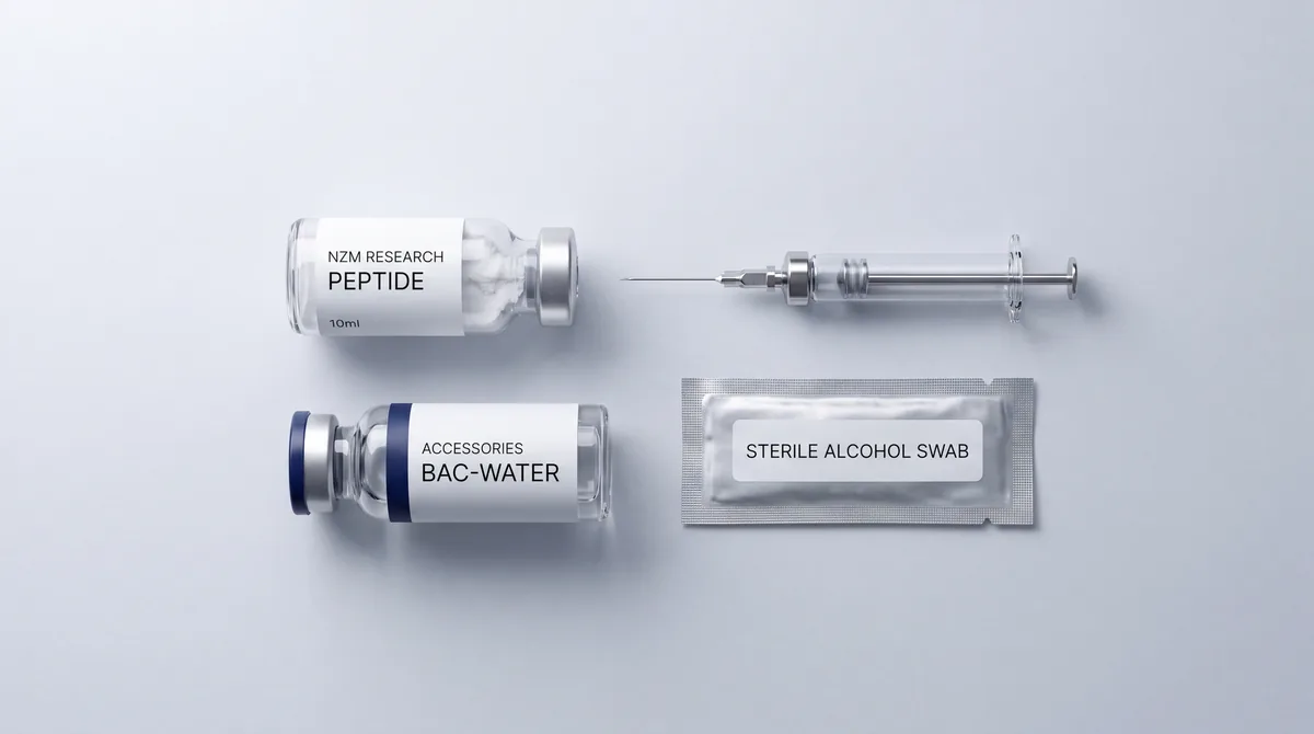 Reconstitution flat-lay: research peptide vial with BAC-WATER, syringe, and alcohol swab on clean surface