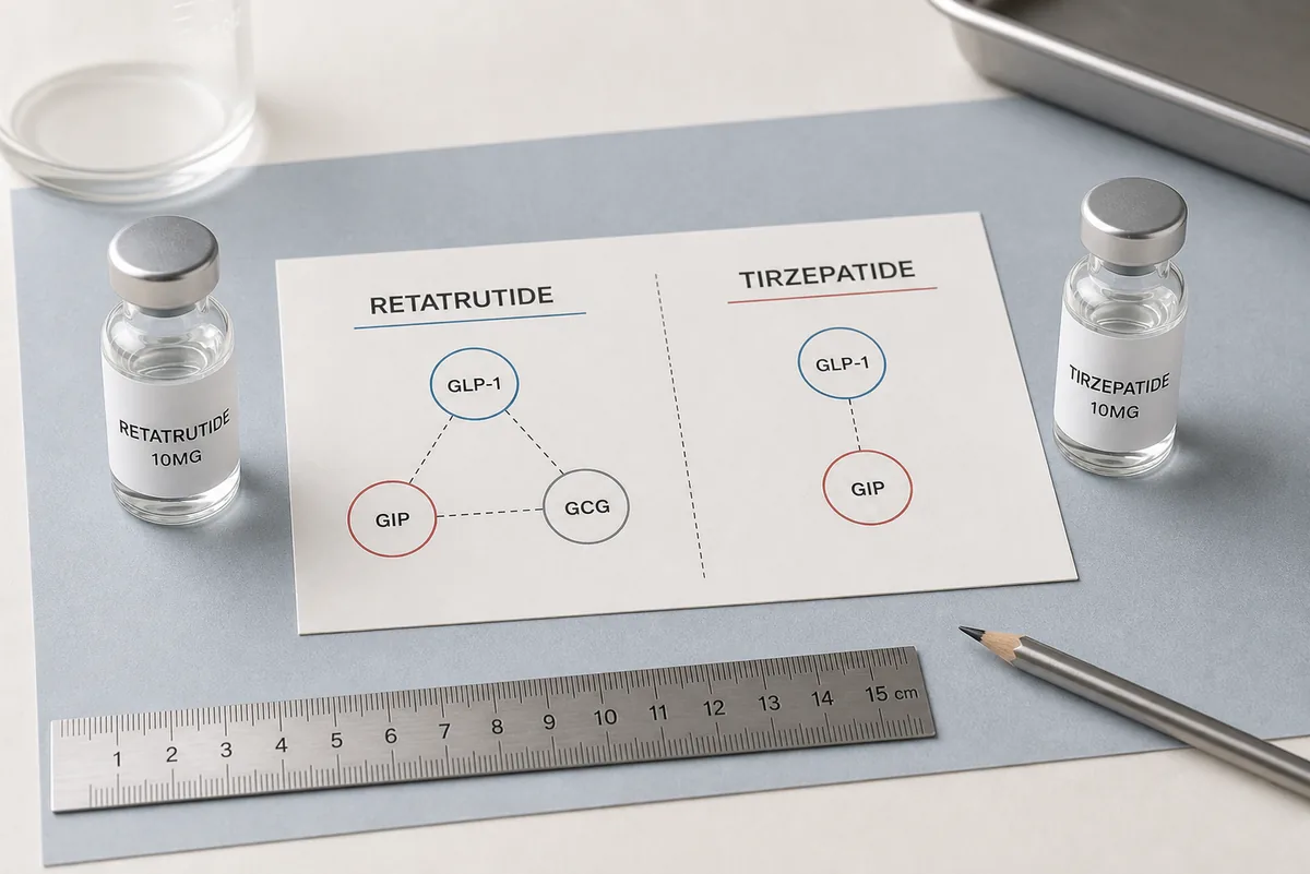 Retatrutide and Tirzepatide research peptide vials with triple-agonist and dual-agonist receptor map cards