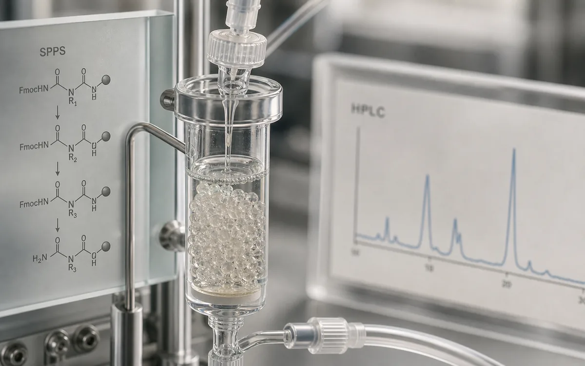 Solid-phase peptide synthesis reactor with resin beads, reagent flow, coupling diagram, and HPLC chromatogram