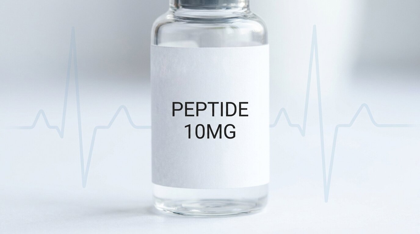 TITAN research peptide vial against an abstract growth-hormone pulse waveform