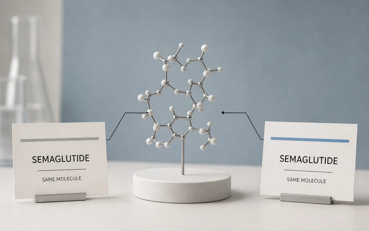 Semaglutide molecular model flanked by two unbranded identity cards showing the same active molecule
