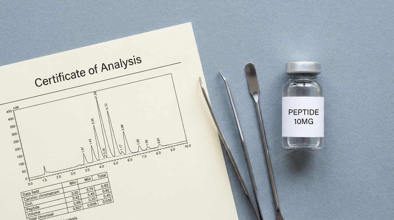 Janoshik Certificate of Analysis with HPLC chromatogram, embossed wax seal, lab test tubes, and an NZM research peptide vial